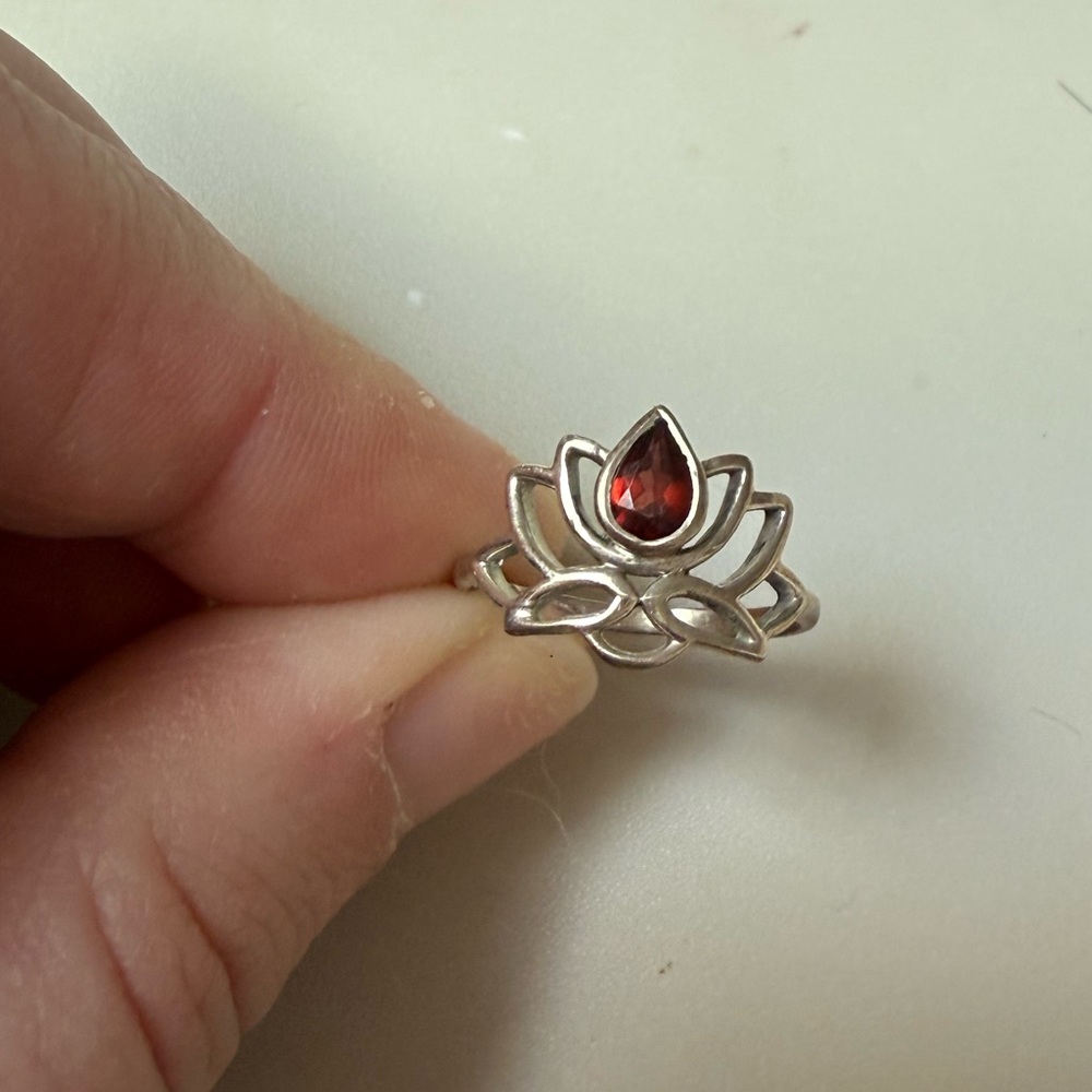 Silver Lotus Ring with Red Gemstone